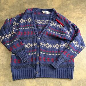 Eagle Pass Cardigan Sweater Mens L Blue Fair Isle Tribal VTG USA MADE *DAMAGED*